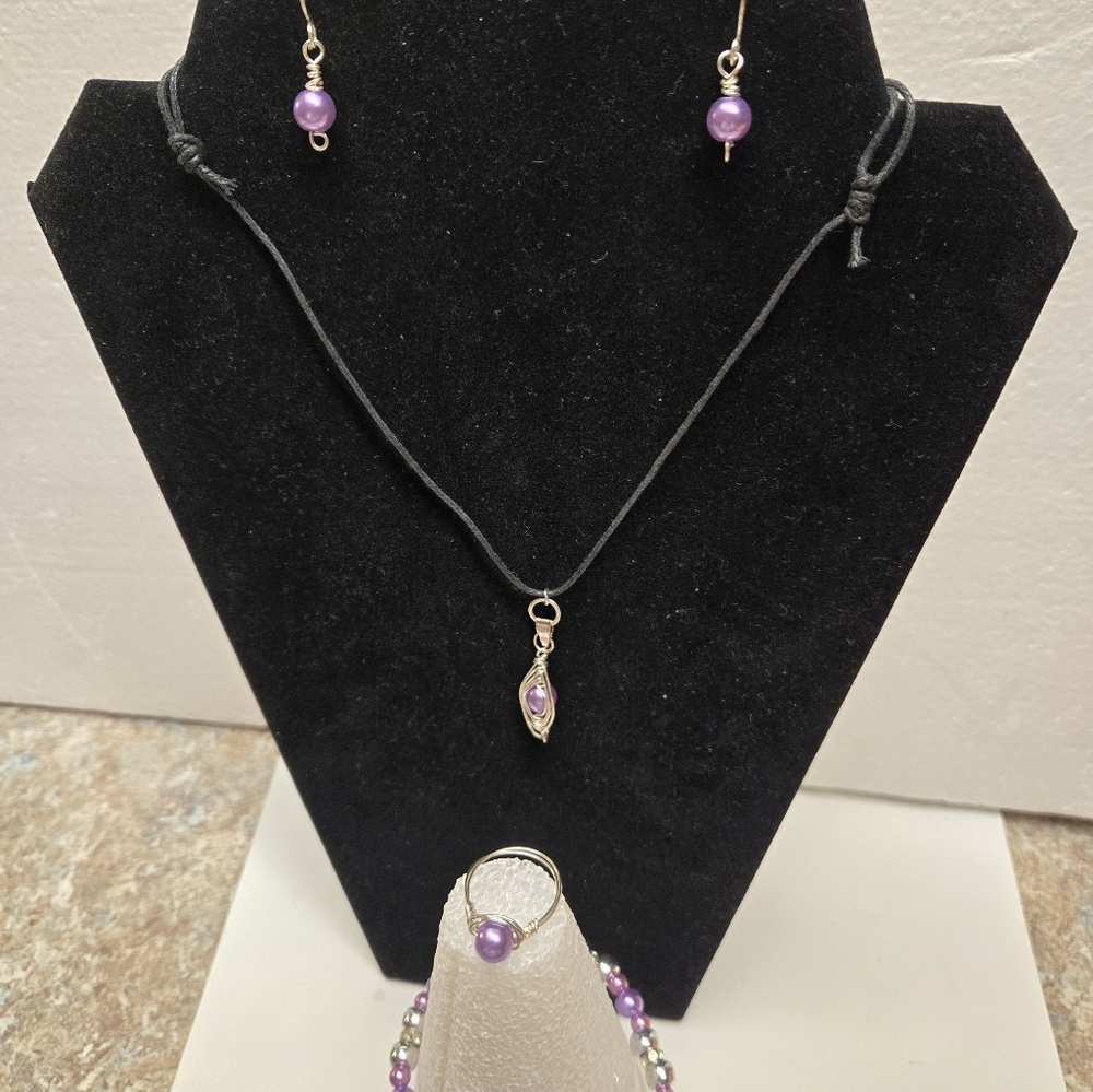 Silver and Purple Faux Pearl Necklace Set